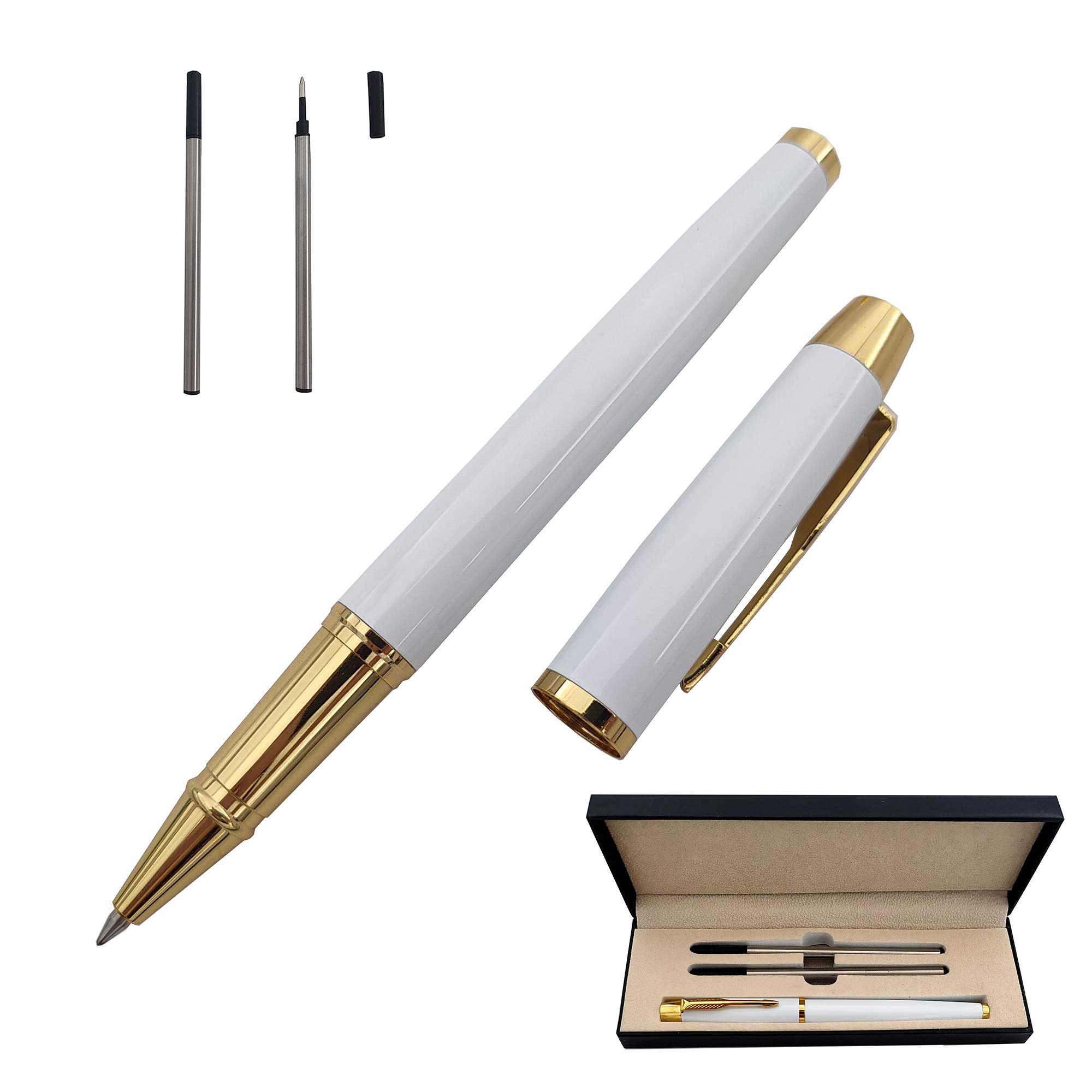 Accod Metal Ballpoint Pen Black Rollerball Pen Signature Pen with Two 0.5MM Black Pen Refills,Gift Pen for Colleagues and Family,Gift Boxed (White)