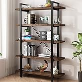 5-Tier Industrial Style Solid Wood Bookcase and Book Shelves,Rustic Wood and Metal Shelving Unit， Living Room,Modern Rustic Open Industrial Book Shelf Office,Distressed Brown (AY-02-5Tier)