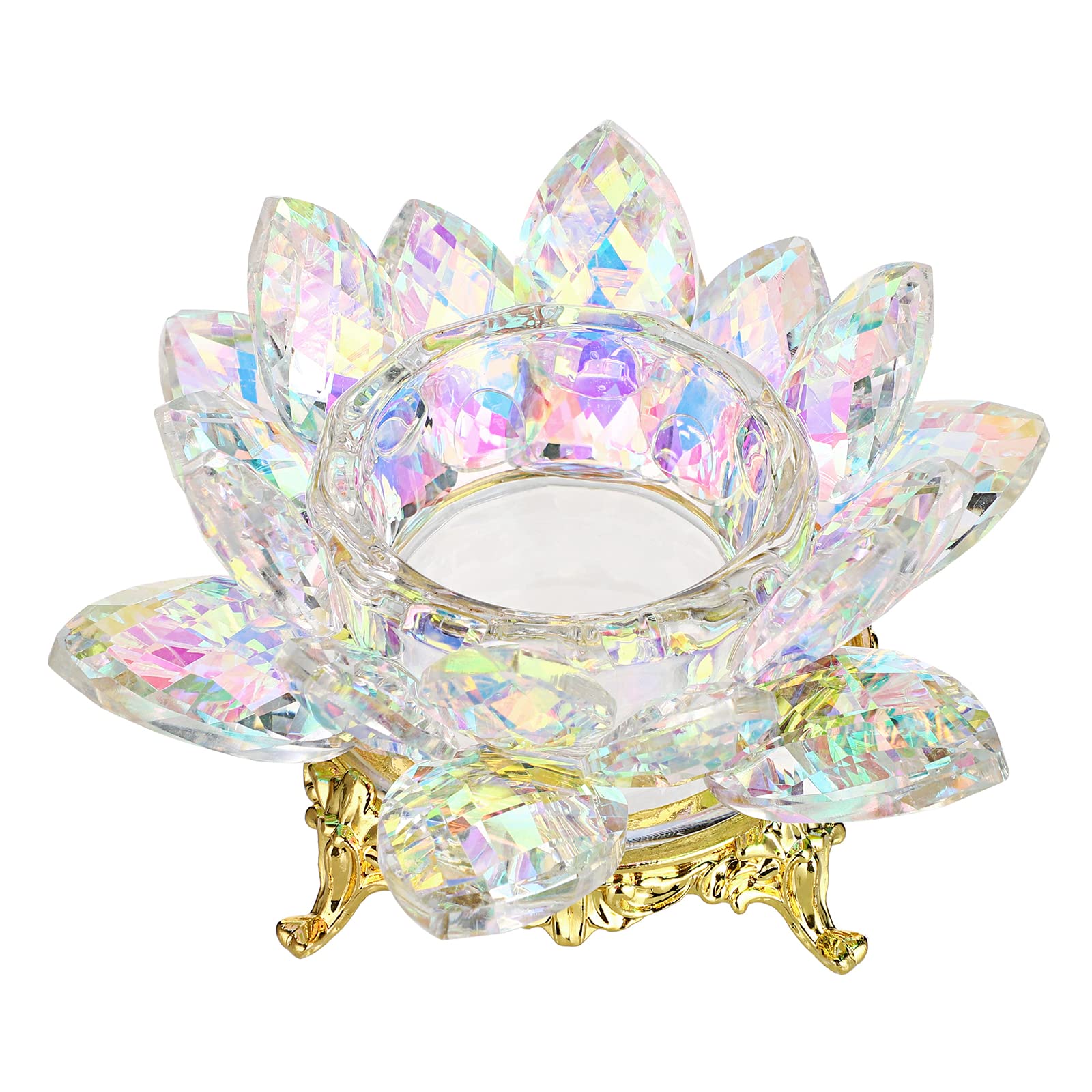 SUMTree Crystal Lotus Flower Tealight Candle Holder With Gold Base for Home Office Wedding Table, AB Colorful