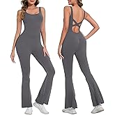 Weygur Jumpsuits for Women One Piece Workout Tummy Control Square Neck Sleeveless Flare Backless Outfits