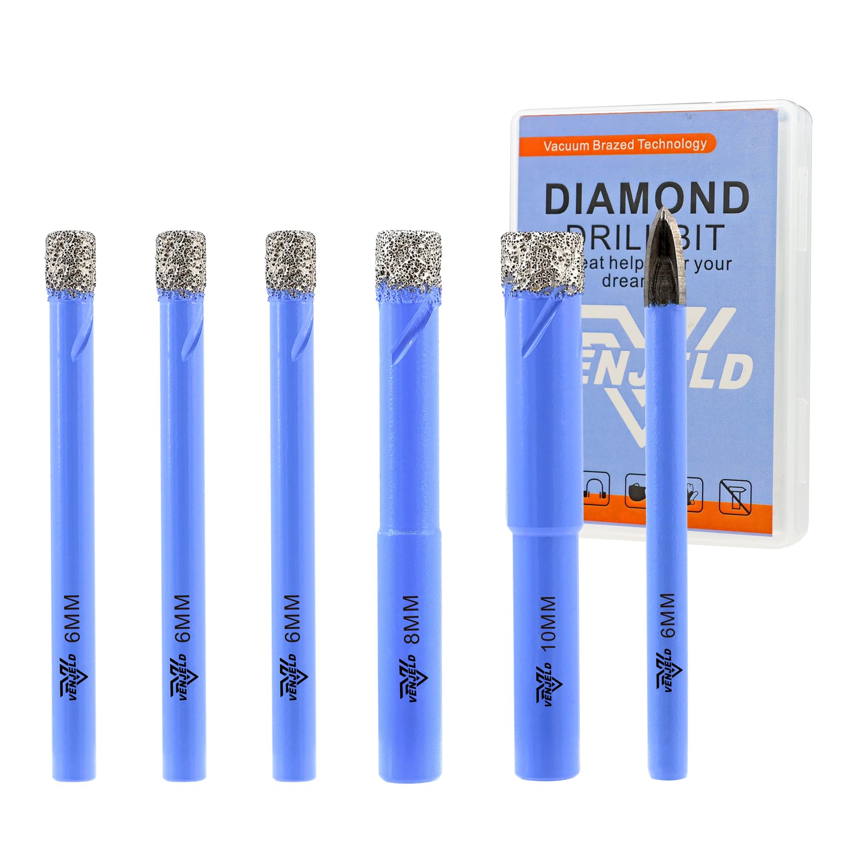 Dry Diamond Drill Bits Set - 6/6/6/8/10mm 5Pcs Tile Hole Saw Kit and 1Pc 6mm Carbide Drill Bit for Ceramic Porcelain Tile Marble Granite - Round Shank with Storage Case VENJELD