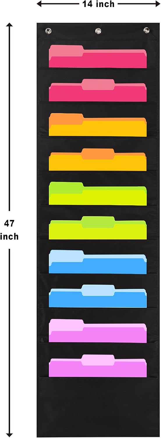 Heavy Duty Storage Pocket Chart with 10 Pockets, 3 Over Door Hangers Included, Hanging Wall File Organizer by Hippo Creation - Organize Your Assignments, Files, Scrapbook Papers & More (Black) : Office Products