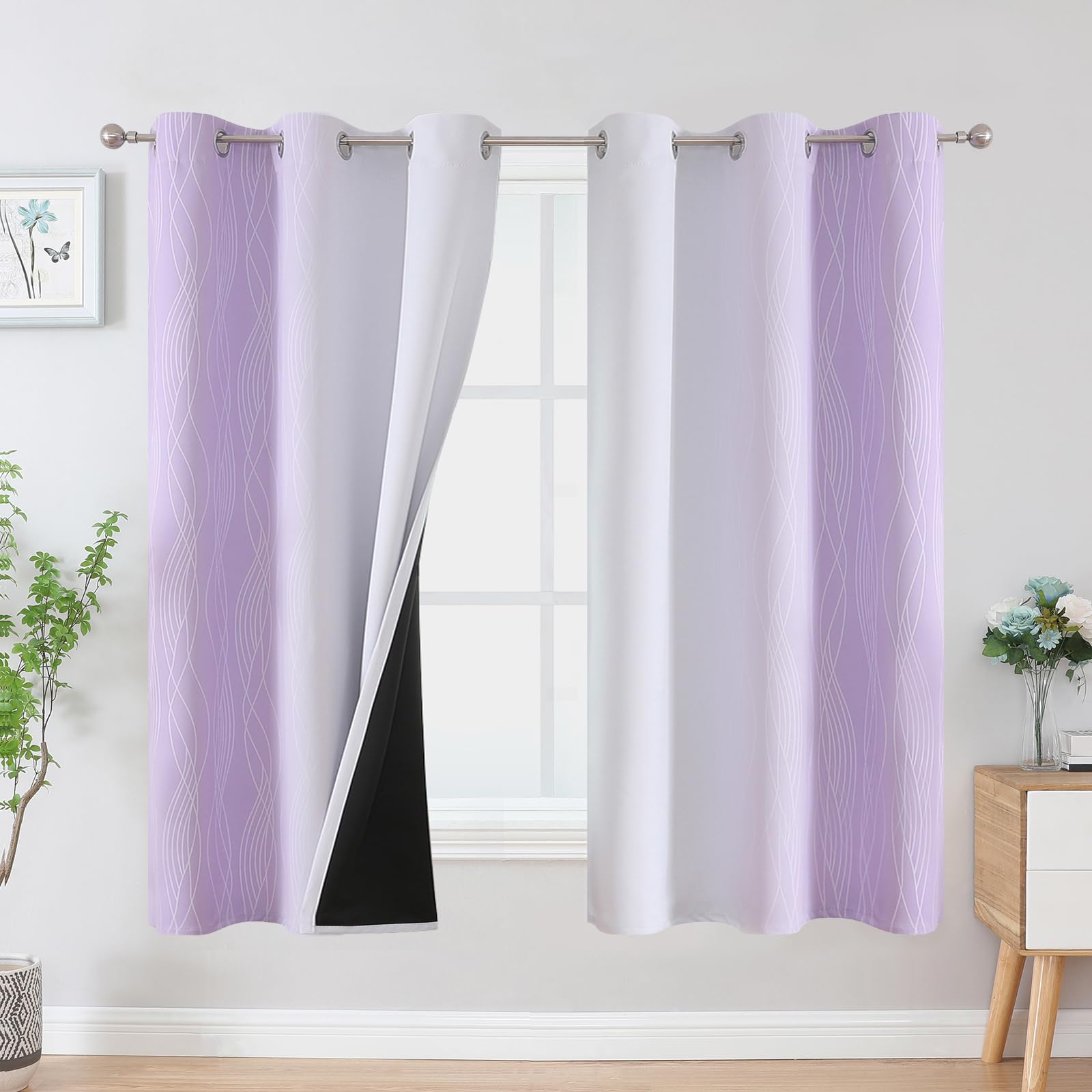 VEHEDE Ombre Blackout Thermal Curtains & Drapes for Kids Room, Strip Wave Pattern Noise Reducing Gradient Curtains 63 Inch Drop for Living Room, W42 x L63 Inch, Lilac and Greyish White, 2 Panels