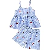RoseSeek Toddler Girl's 2 Piece Cute Summer Outfits Plaid Cherry Camisole Top and Shorts Vacation Matching Set