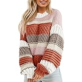 Saodimallsu Womens Color Block Sweater Striped Chunky Knit Cropped Sweaters Crewneck Fall Long Sleeve Loose Pullover Tops