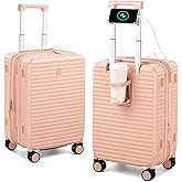 HanTrip Hard Shell Suitcases 20 Inch Carry on Luggage Airline Approved, Expandable Travel Luggage with Cup Holder Charger Built in Lightweight Small Suitcase with Wheels, Pink