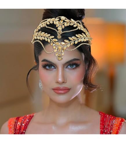 Amazon.com: YERTTER Wedding Gold Rhinestone Head Cap Layered  display picture 2