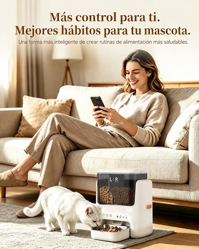 Alimentador Automático para Gatos, Comedero Inteligente para Mascotas con App, Capacidad 2L+3L, Dispensador de Pienso Seco, Temporizador, Registro y Cuenco Inoxidable