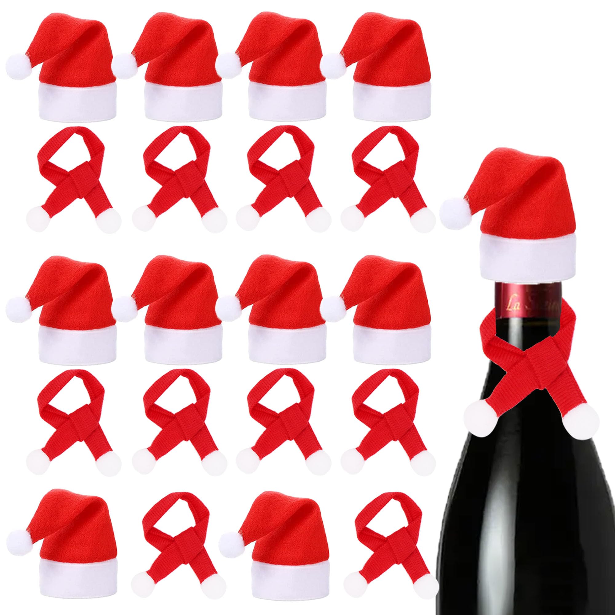 LOOGI Mini Santa Hats Santa Scarf 10pcs, Small Santa Hats Christmas Scarf for Wine Bottles Crafts Ornaments Decor
