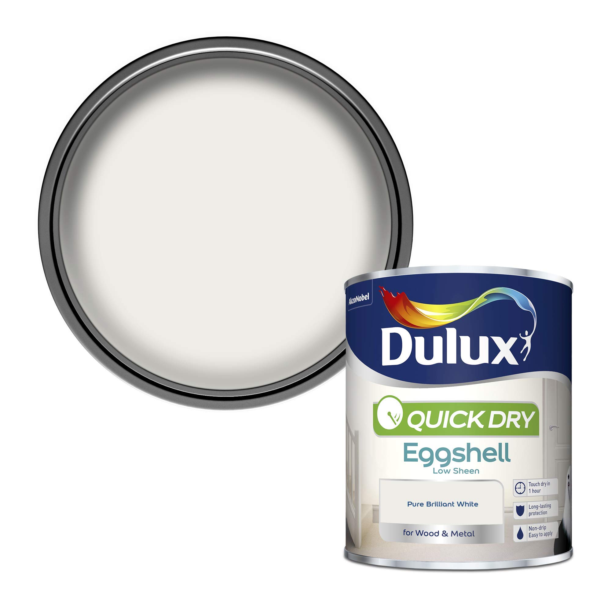Dulux Quick Dry Eggshell Paint For Wood And Metal, Pure Brilliant White, 750 ml