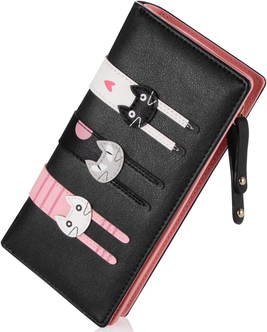 Women's Wallet Leather Long Clutch Cute Cat Bifold Purse with Zipper (Black)