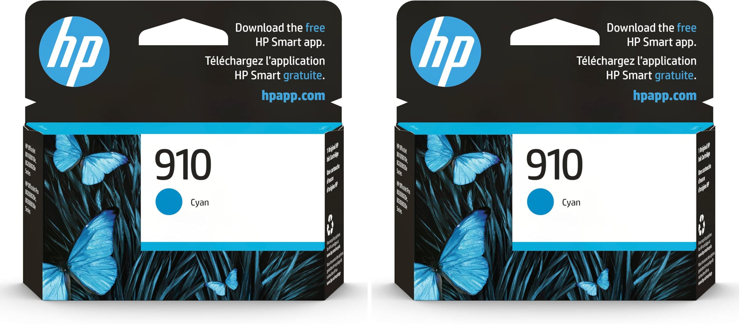 HP 910 Cyan Ink Cartridge, Works with OfficeJet 8010, 8020 Series, OfficeJet Pro 8020, 8030 Series, Eligible for Instant Ink, 3YL58AN, (Pack of 2)