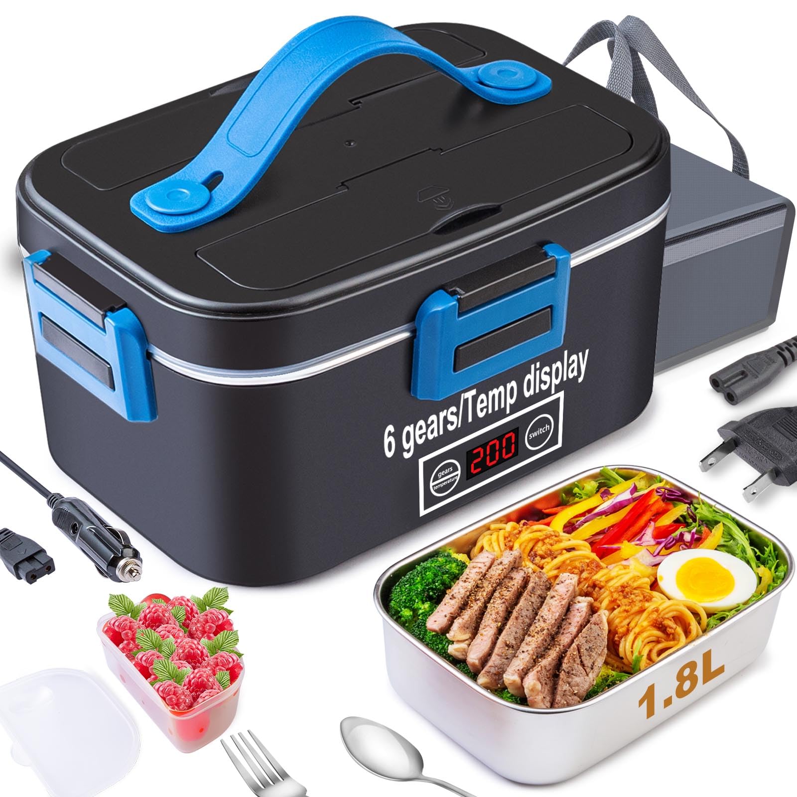 Photo 1 of Nifogo Electric Lunch Box for Adults 80W with Temperature Display Heated Lunch Box Food Warmer Lunch Box 1.8L Stainless Steel Container&Bag 12V/24V/110V for Car/Truck/Work(Blue)