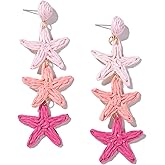 Boho Raffia Earrings Starfish Shell Seashell Dangle Drop Earrings Cute Statemnet Trendy Jewelry Summer Beach Outfits for Women