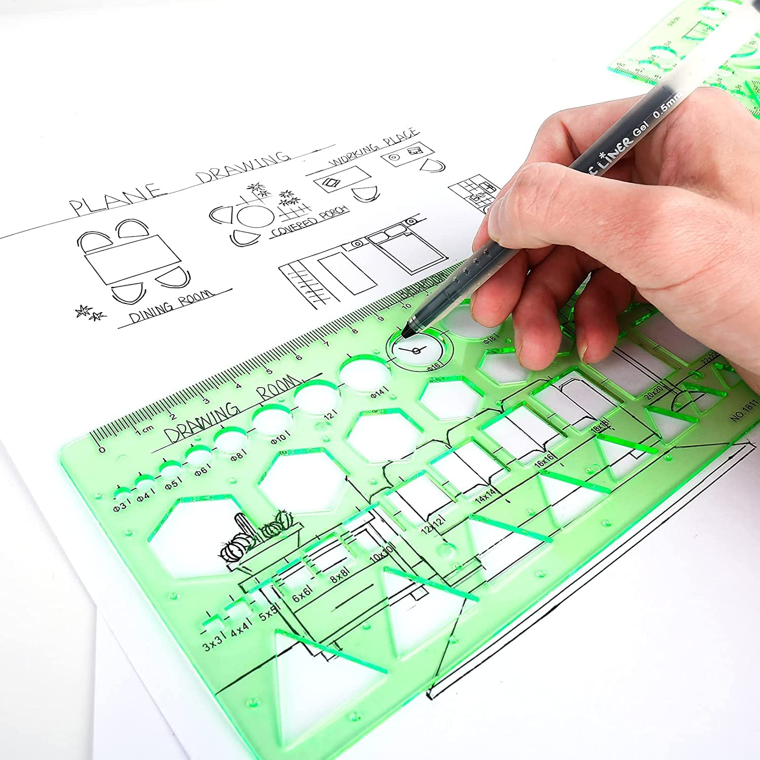 Template Drawing Measure Mua Plastic Green Measuring Templates Geometric Rulers Building ...