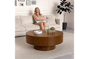 Rustic Round Drum Coffee Table for Living Room, Contemporary Minimalist Chipboard Wood Center Table, Unique Mid Century Aesth