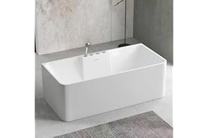 WhirlWell 67x31.5 in. Freestanding Bathtub with Faucet Set and Central Drain, White Acrylic Soaking Tub, Modern Rectangular D