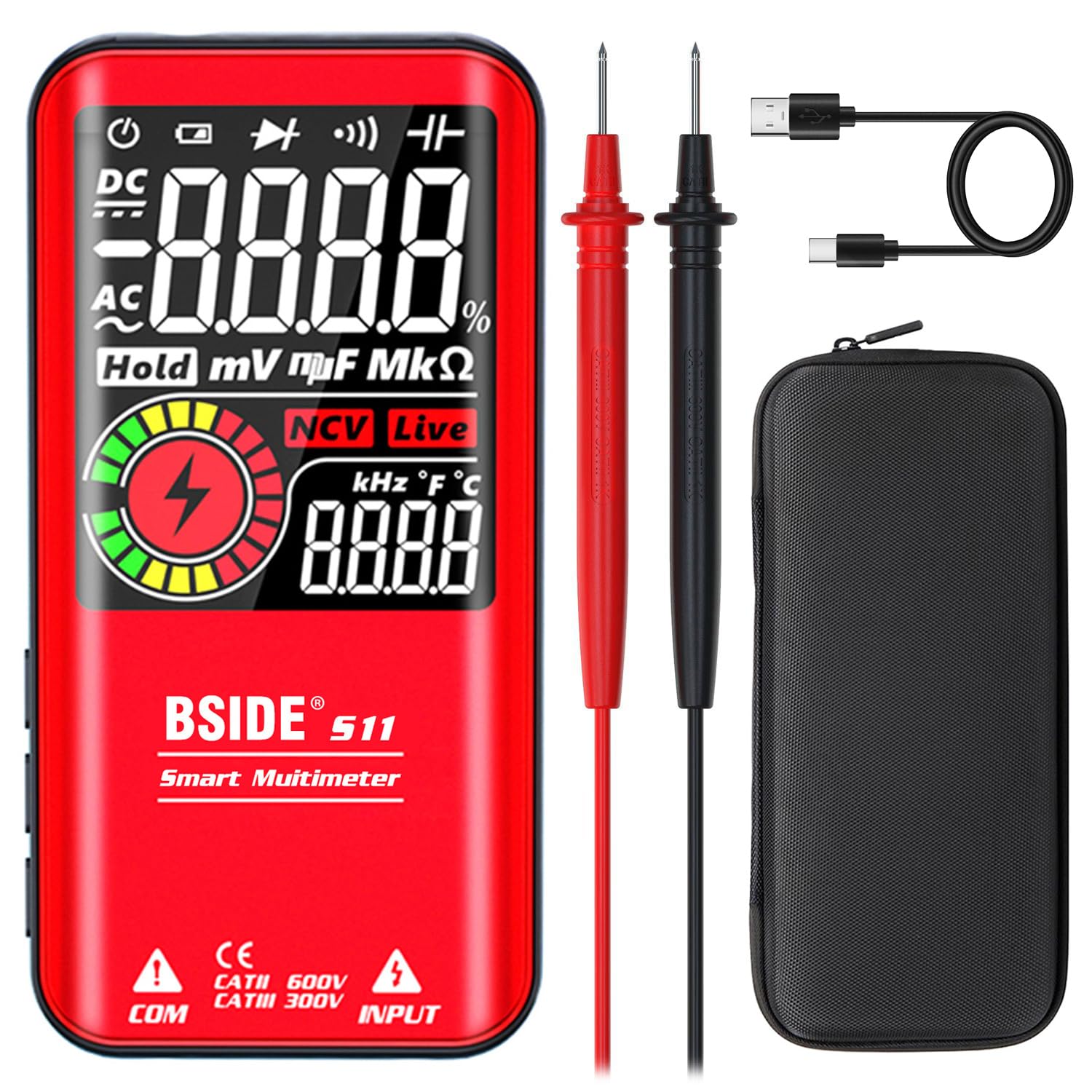 BSIDE Color LCD Digital Multimeter 3 Results Display 9999 Counts Auto-Ranging Ohmmeter, Rechargeable with Smart Mode, Capacitance Ohm Frequency Diode Duty Cycle Live Check Voltage Tester