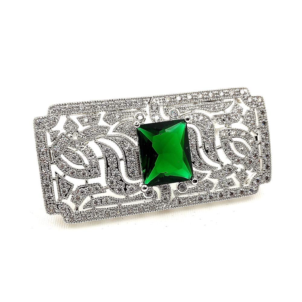DREAMLANDSALES Old European Style Green Stone Domed Art Deco Rectangle Shaped Brooches Pins for Women, Brass, cubic zirconia