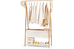 Relquorax Bamboo Clothes Rack with Storage Box and Storage Shelf, Portable Extra Large Garment Rack Clothing Rack, Foldable W