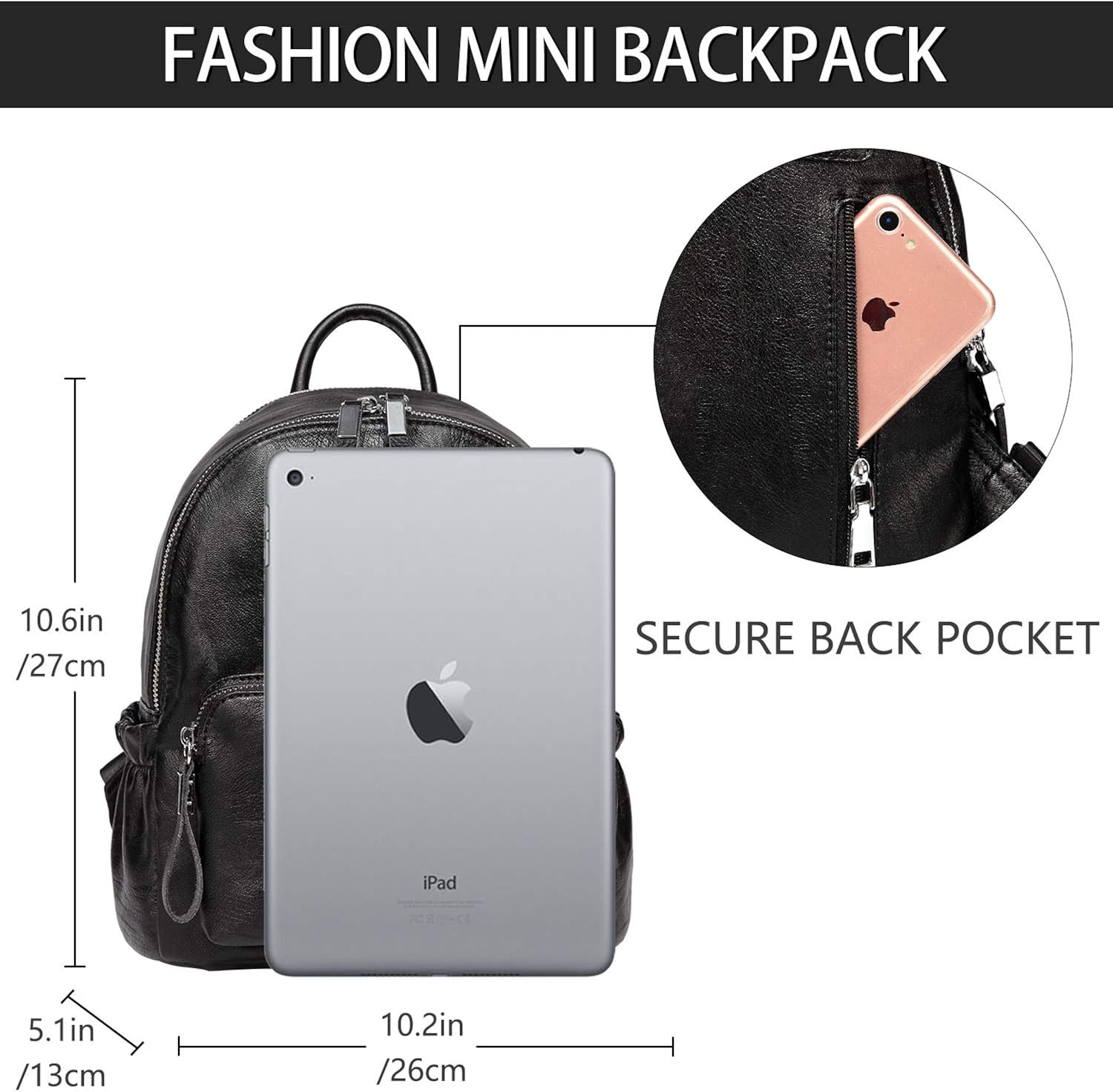 VASCHY Women's Backpack, Mini Backpack PU Leather Waterproof Fashion Small Casual Backpack Travel Backpack, Black, S, Backpacks - Image 4