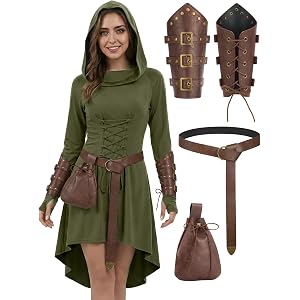 YESSA Renaissance Costume Women Medieval Hooded Dresses for Halloween Cosplay