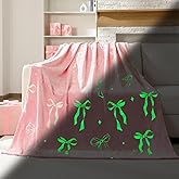 Hillsuren Pink Bow Blanket for Girls 50 x 60 Inch Glow in The Dark Throw Blanket Cute Bow Theme Flannel Plush Preppy Coquette Gifts Dorm Essentials for Christmas Thanksgiving Gift Decoration