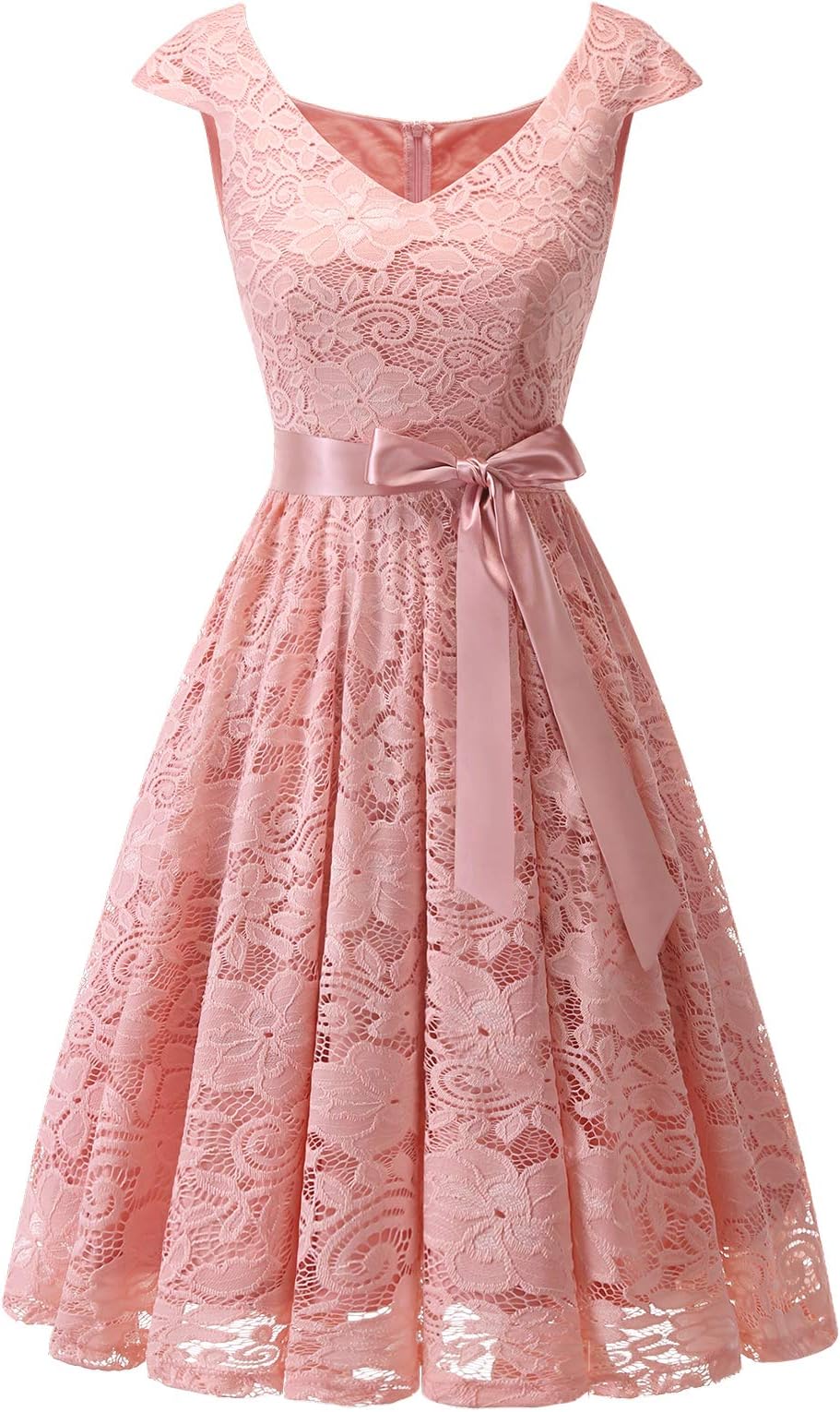 Women's Short Bridesmaid V-Neck Floral Lace Dress Cocktail Formal Swing Dress with Cap Sleeves