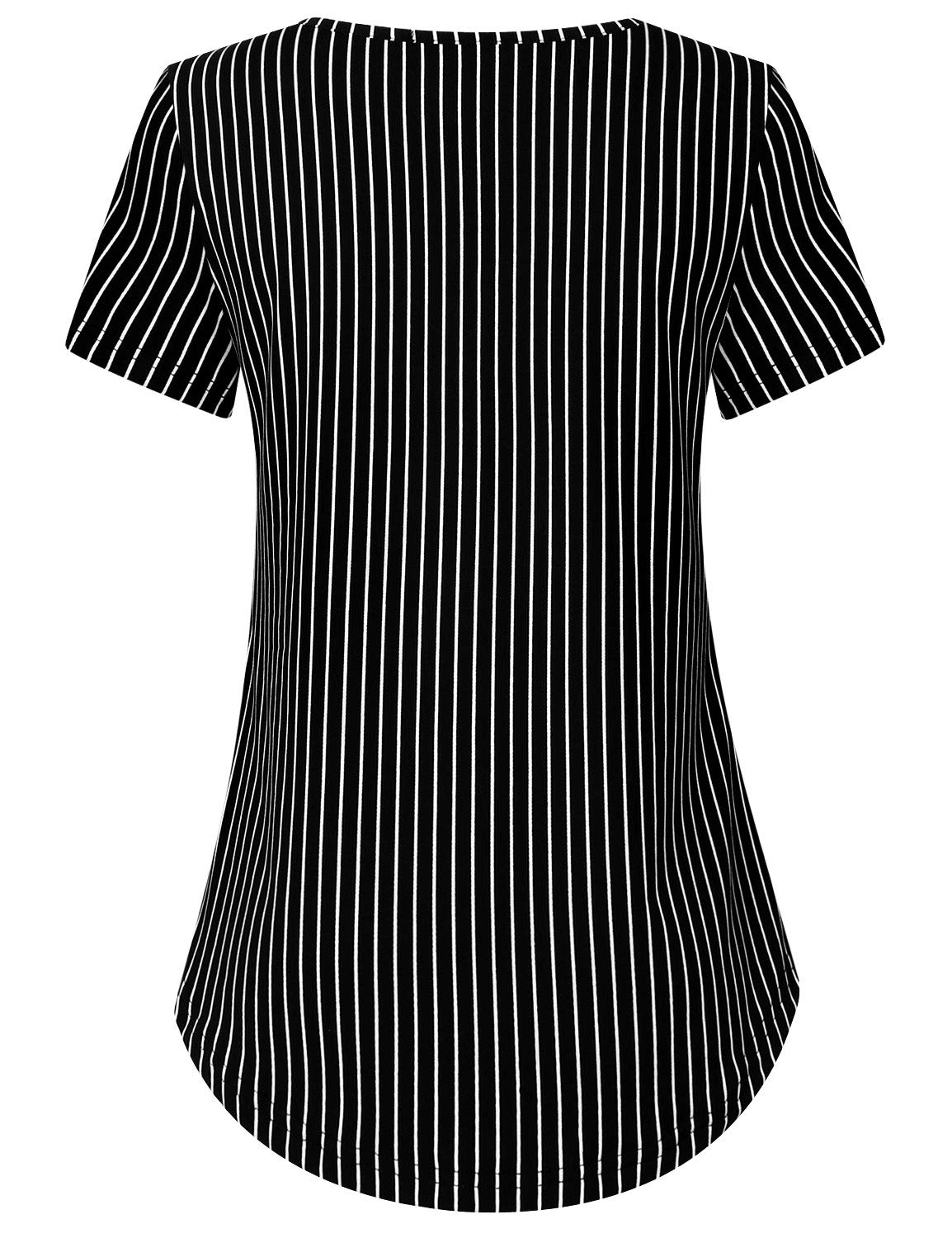 Ckuvysq Basic Tops, Female Vintage Striped Print Shirt Casual Loose Flared Short Sleeve V Neck Blouse Brand Simple Basic Gradient Tunics for Women Black (White Strip) Large