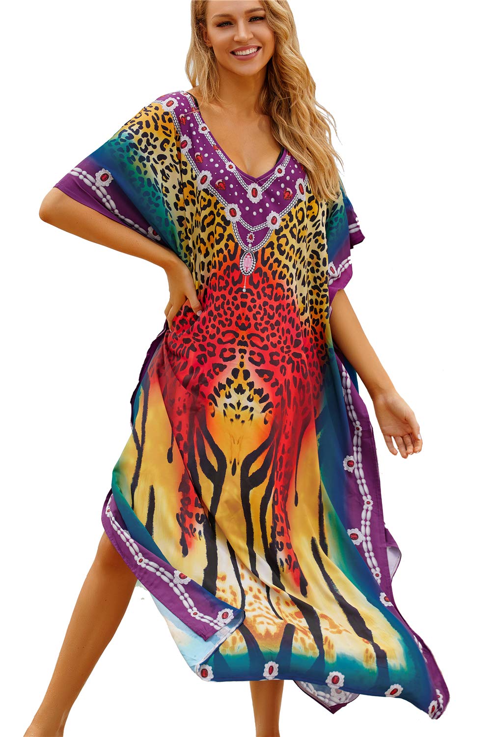 LikeJump Women's Quick-Dry Ethnic Pattern Kaftan Beach Maxi Dress Summer Bikini Cover Up Swimsuit Robes
