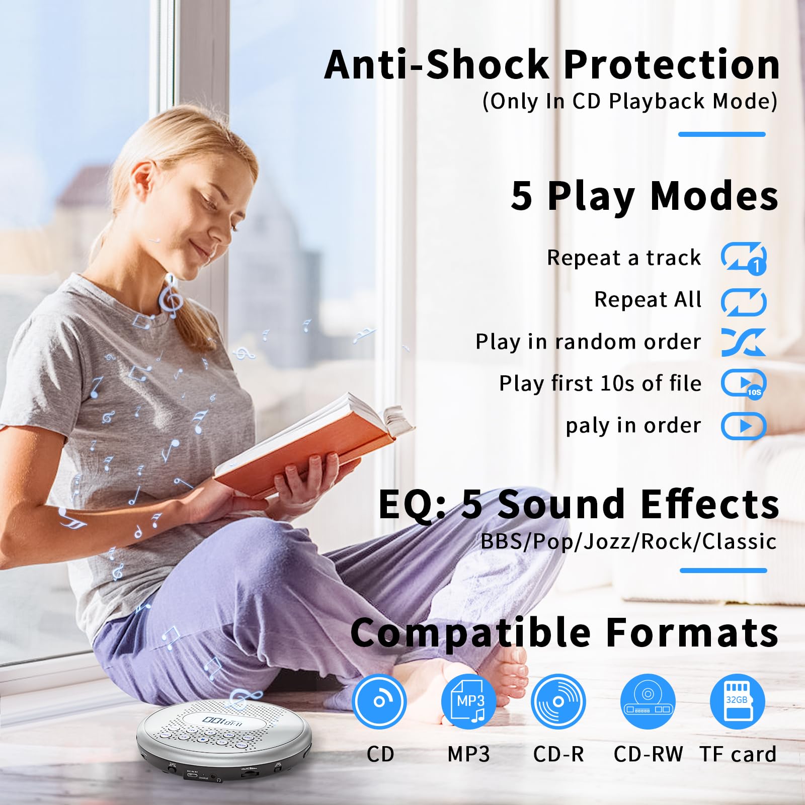 ARAFUNA CD Player Portable, Rechargeable Portable CD Players for Car with Speakers, Anti-Skip Small CD Player with Backlit Button, LCD Display and AUX Cable