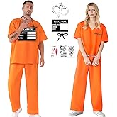 CFGPMM Prisoner Costume Men Women Orange Inmate Outfit Jail Costume Halloween Criminal Uniform Set for Prison Cosplay
