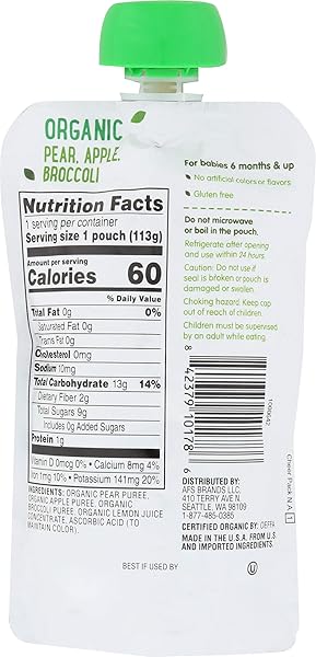 AMAZON BRAND – MAMA BEAR ORGANIC BABY FOOD POUCH, STAGE 2, PEAR APPLE BROCCOLI, 4 OUNCE (PACK OF 1)