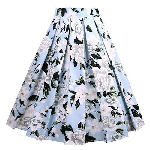 Girstunm Women's Pleated Vintage Skirt Floral Print A-line Midi