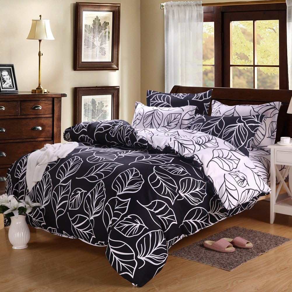 Prom Style Simple Elegant Hand-painted Leaves Print Duvet Cover Sets Bedding Collections 4PC Black&White Queen Size