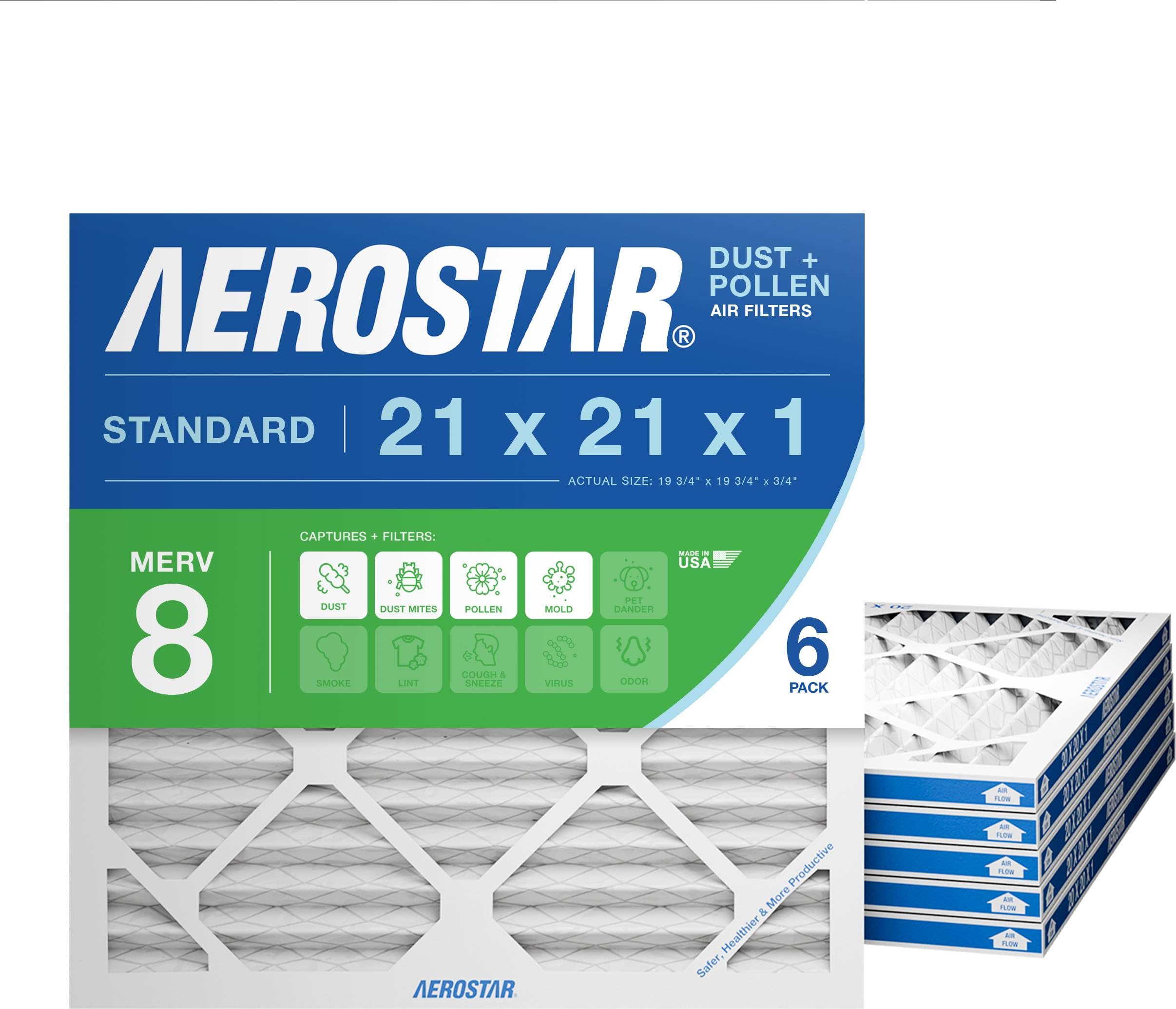 Aerostar 21x21x1 MERV 8 Pleated Air Filter, AC Furnace Air Filter, 6 Pack (Actual Size: 20 7/8" x 20 7/8" x 3/4") Image
