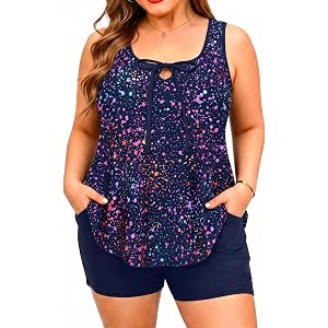 Tempt Me Women Plus Size Tankini Flowy Two Piece Swimsuit with Short | Pockets,Flowy,Built-in Brief,Removable Bra Pads,High W