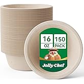 JOLLY CHEF Compostable Disposable Paper Bowls [16 oz] Heavy Duty Soup Uncoated Containers [150 Pack] Biodegradable Bagasse Hot Cold Eco-Friendly Natural Sugarcane Microwavable for Dessert Christmas