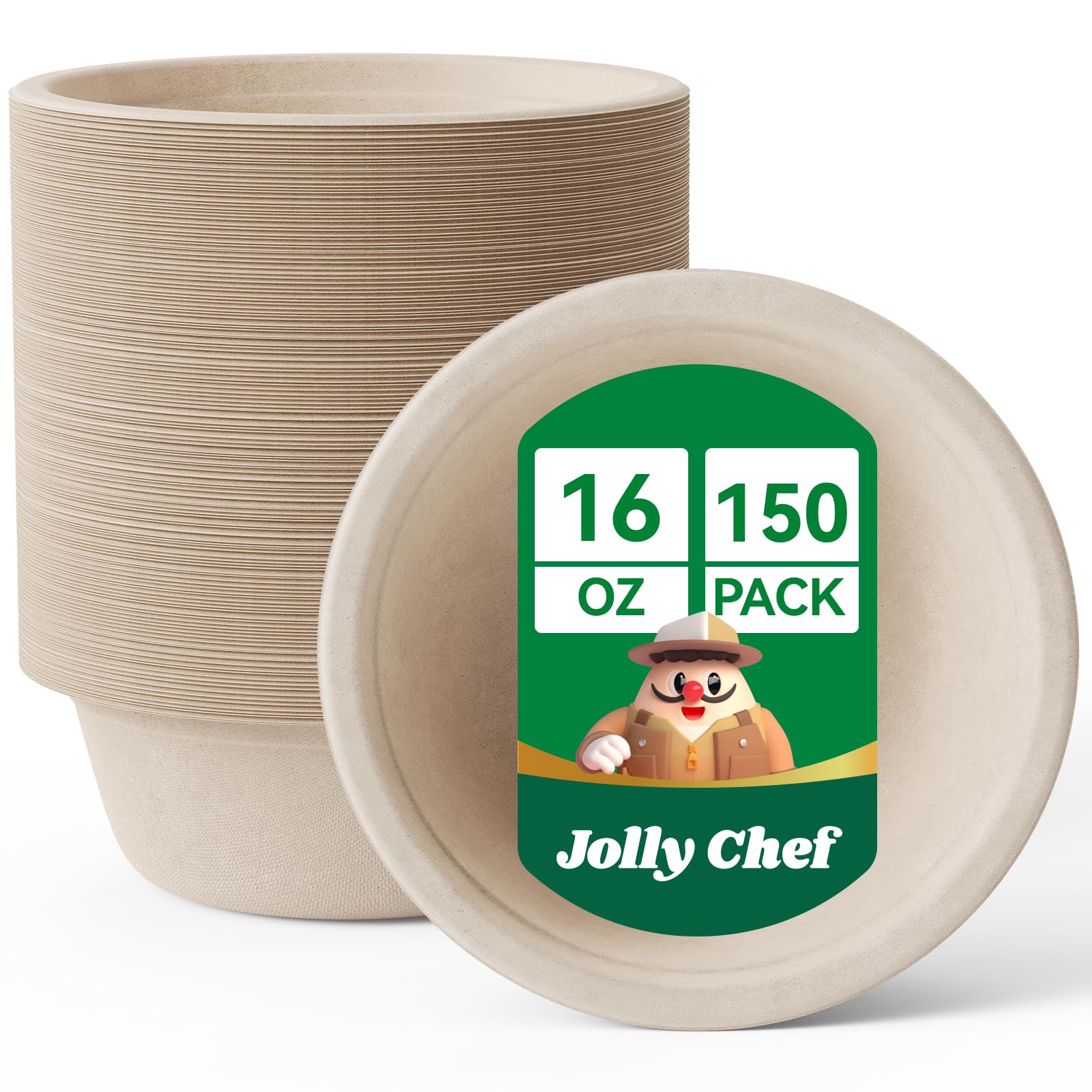 Photo 1 of JOLLY CHEF Compostable Disposable Paper Bowl [16 oz] Heavy Duty Soup Containers [150 Pack] Biodegradable Bagasse Hot Cold Eco-Friendly Natural Sugarcane Microwavable Bowls for Salad Dessert Cereals