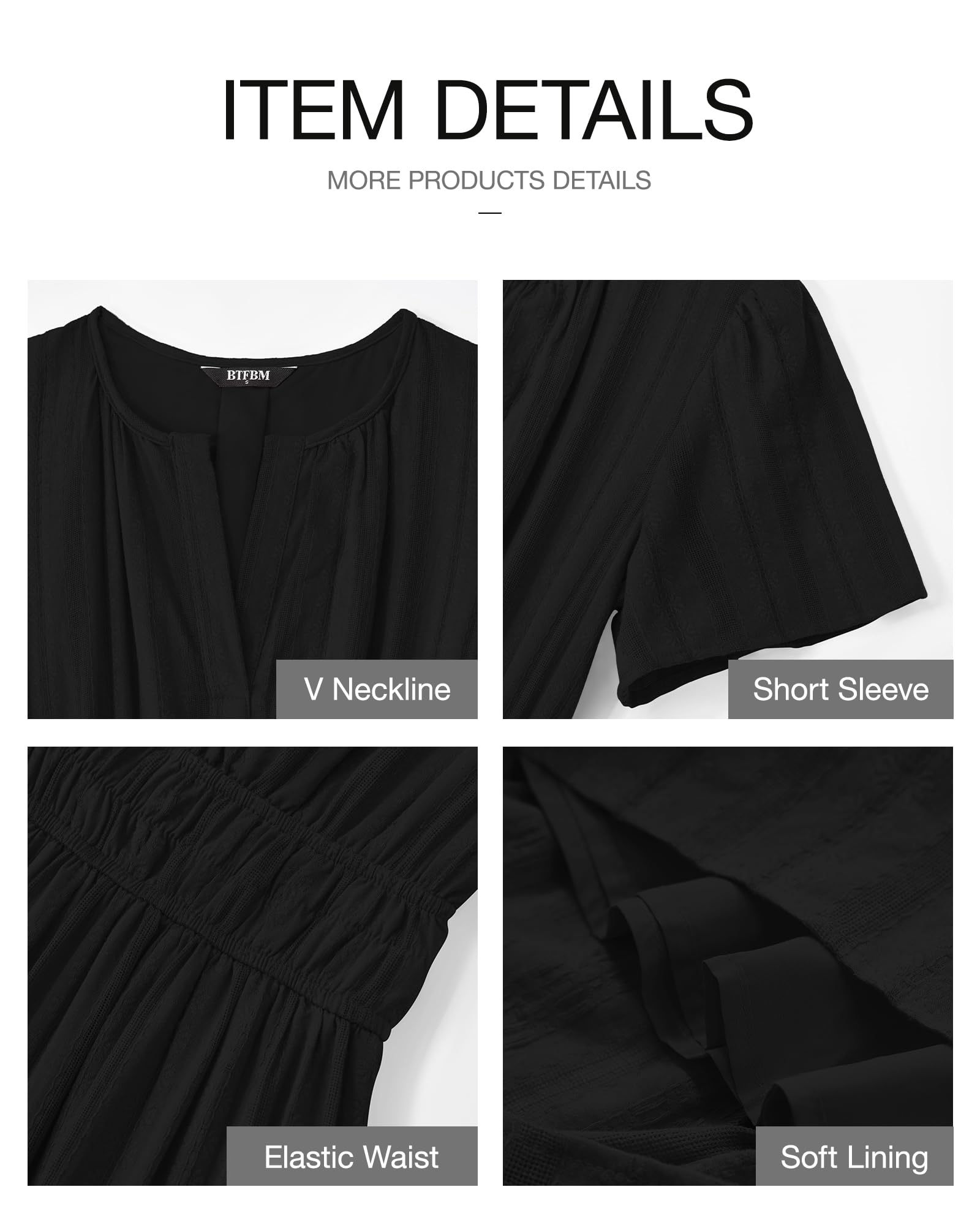 BTFBM Womens Summer 2025 Casual Midi Maxi Dresses Lightweight Short Sleeve V Neck Elastic Waist Boho Beach Dress Pockets(Black, Medium) - Image 4