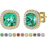 EVEVIC Austrian Crystal Halo Square Stud Earrings for Women 14K Gold Plated Birthstone Earring Hypoallergenic Jewelry Gifts