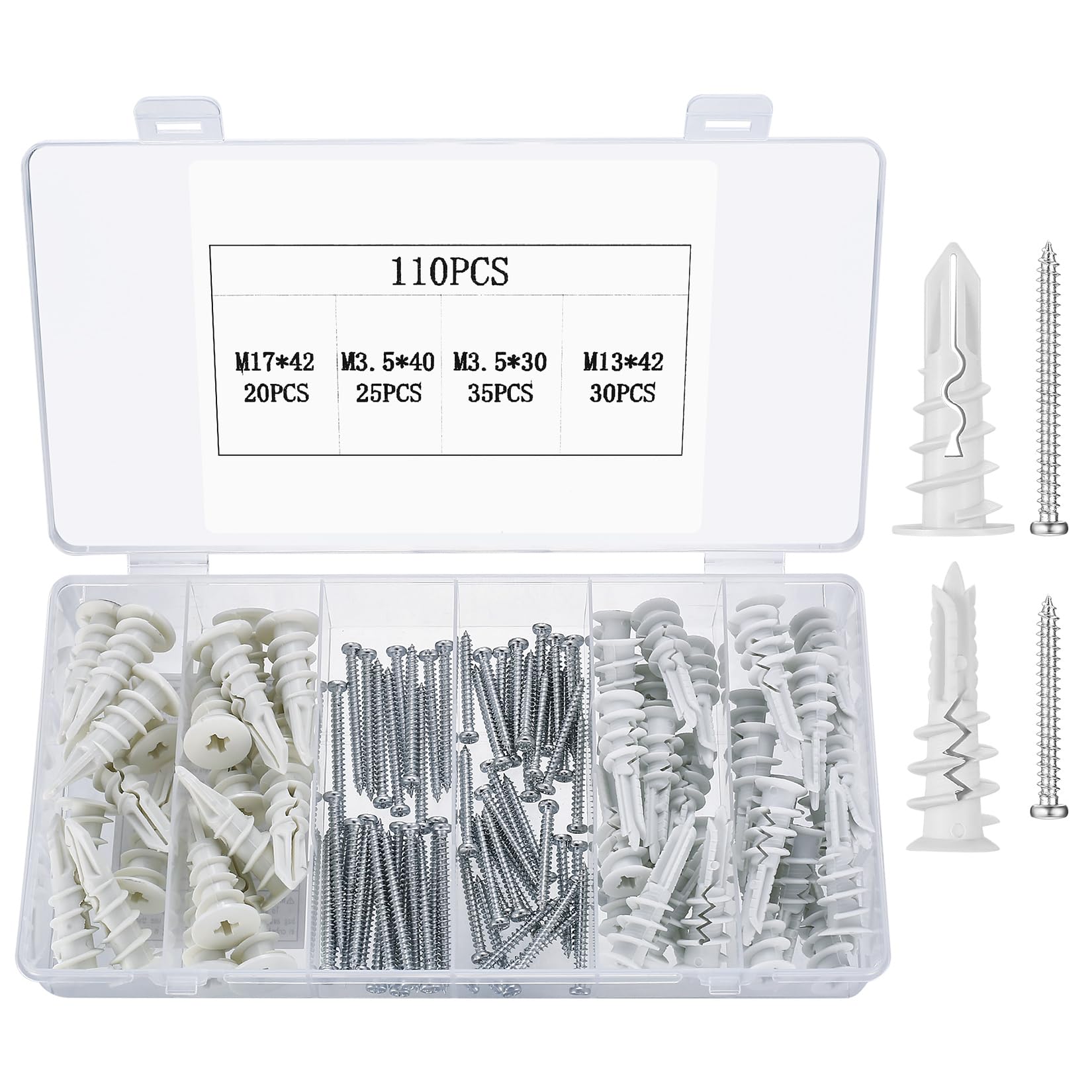 110 Pcs Self Drilling Plasterboard Fixings, Heavy Duty Raw Plugs and Screws for Plasterboard Wall, Nylon Drywall Hollow Cavity Wall Fixings Anchors and Drywall Anchors (White)