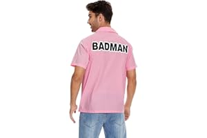 Tuoweey Mens Badman Costume Shirt Short Sleeve Button Down Pink Cosplay Shirt Halloween Costume Top with Pocket