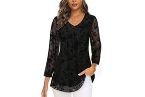 Tanst Sky Women's 3/4 Sleeve Dressy Casual Blouses Double Layers V Neck Tunic Tops Pleated Chiffon Mesh Dress Shirts