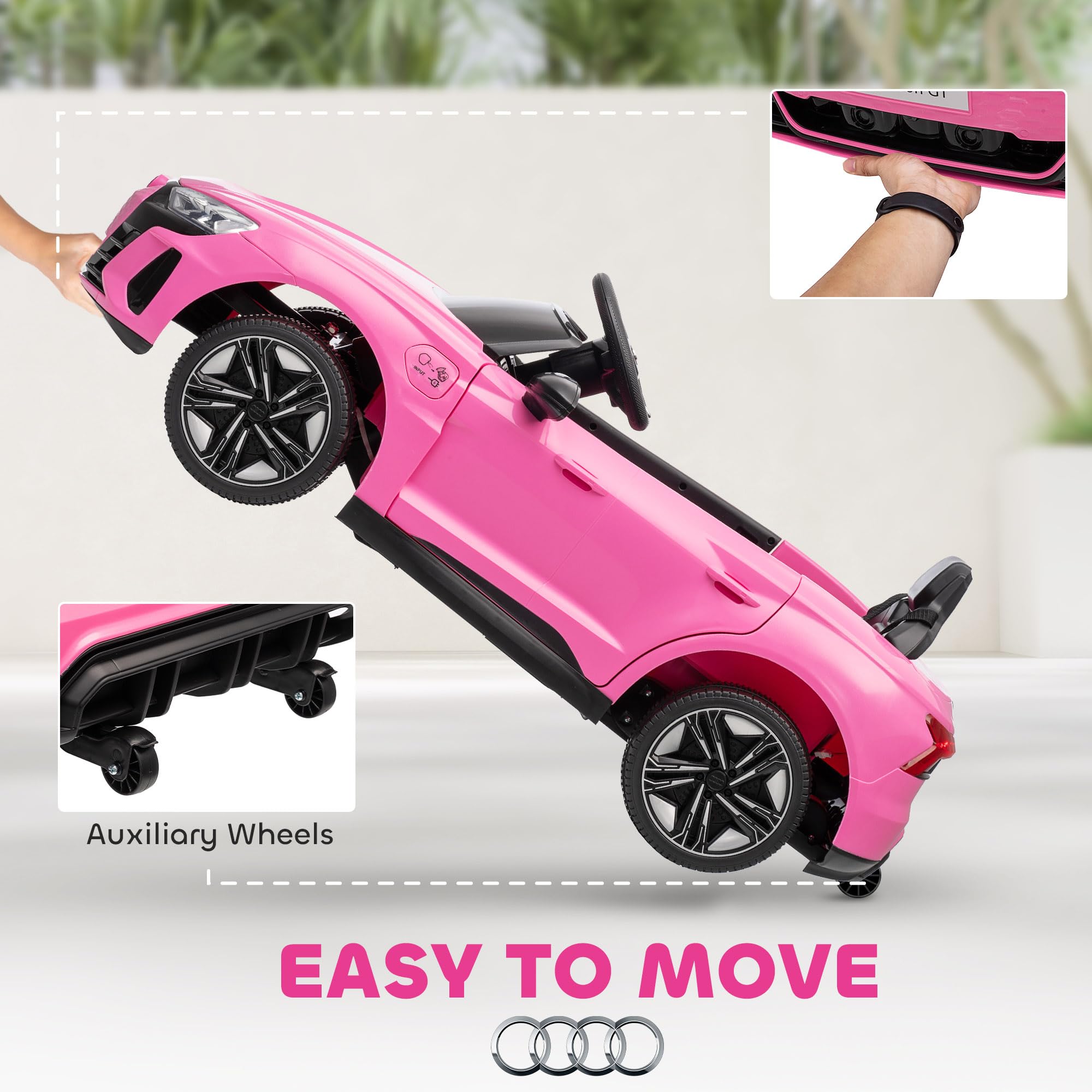 Aosom Electric Car for Kids, 12V Licensed Audi RS E-tron GT 3.1 MPH Kids Ride on Car, Ride-on Toy with Remote Control, 4 Suspension Wheels, Horn, Music, Lights, for Boys and Girls, Pink