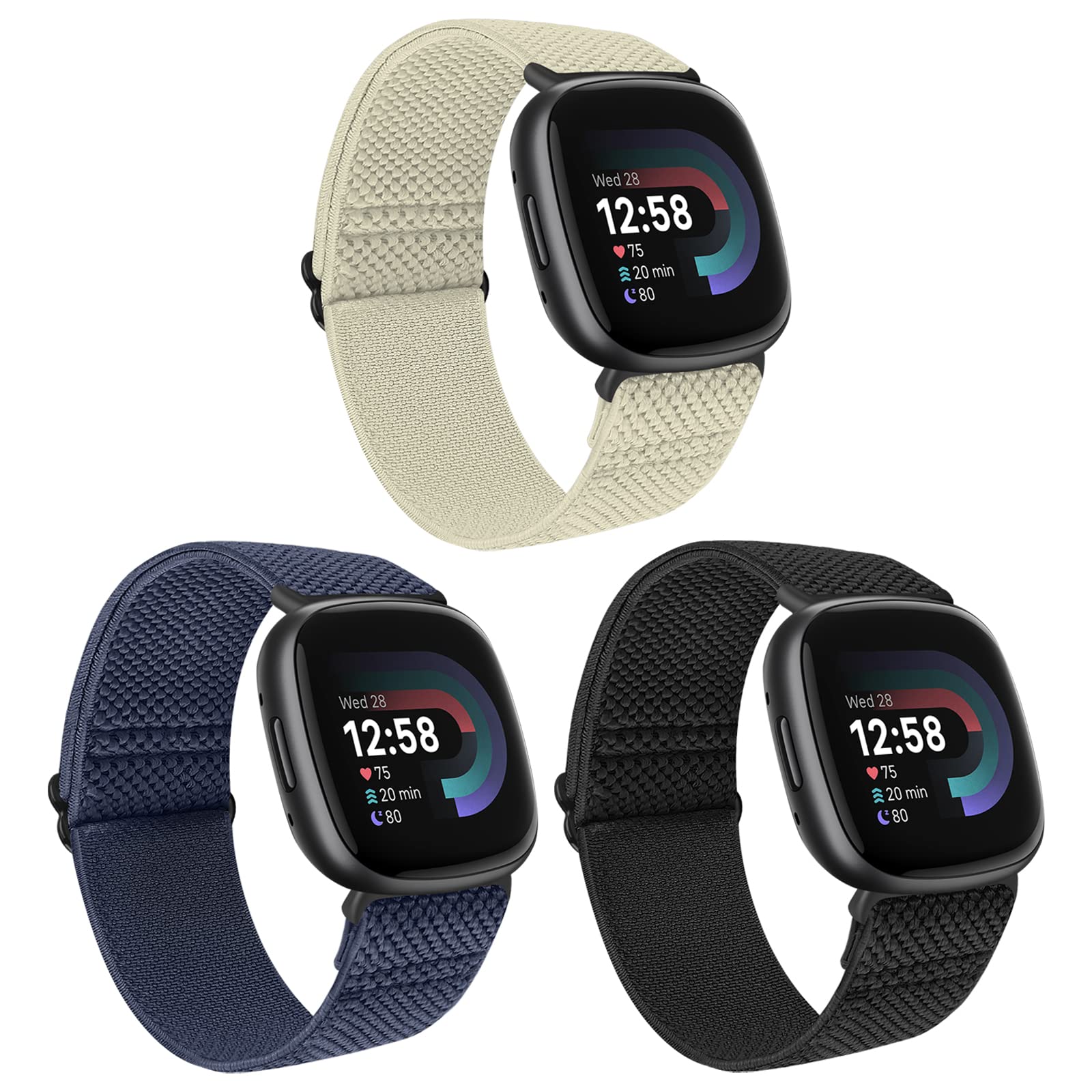 Huamanlou 3 Pack Elastic Nylon Straps Compatible with Fitbit Versa 4/Versa 3/Sense 2/Sense, Soft Loop Adjustable Sport Replacement Wristbands for Women Men