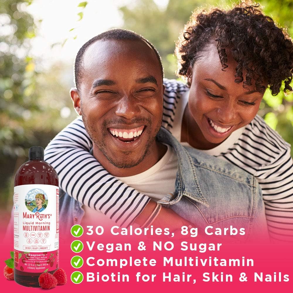 Morning Liquid Vitamins by MaryRuth's (Raspberry) Vegan Multivitamin A B C D3 E Trace Minerals & Amino Acids for Energy, Hair, Skin & Nails for Men & Women - Paleo - Gluten Free - 0 Sugar - 32oz: Health & Personal Care