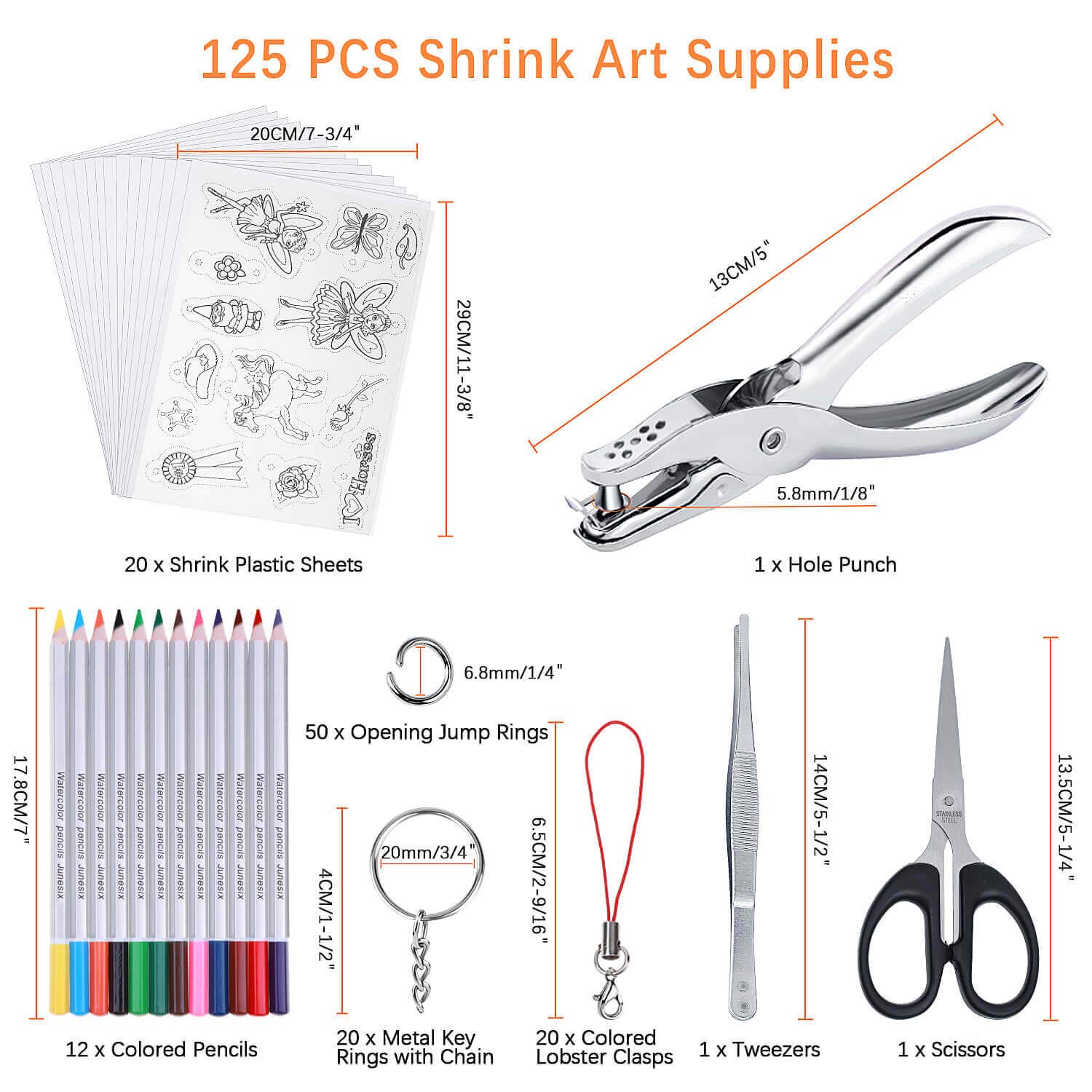 shynek Shrinky Film Sheets for Shrink Art, 125Pcs Shrinky Plastic Keychain Kit Including 20 Pcs Shrinky Paper, Hole Punch, Pencils, Keychains, Tweezers, Scissors for Crafts and Keychains