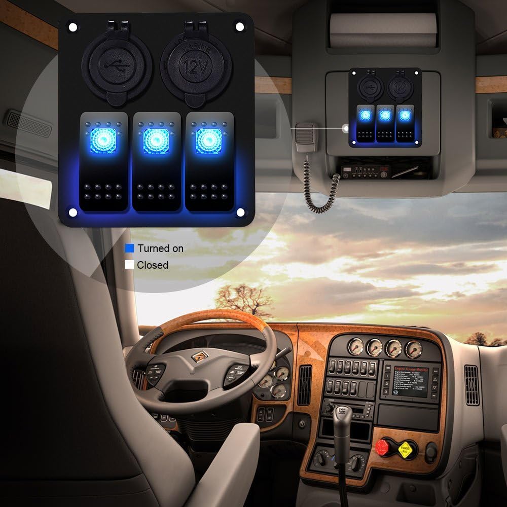 MKING Waterproof 3 Gang Car Marine Boat Rocker Switch Panel with Fuse Dual USB + Power Socket Digital Voltmeter Overload Protection for RV Car Boat (3 Gang)… (B-3GANG-BLUE) : Sports & Outdoors