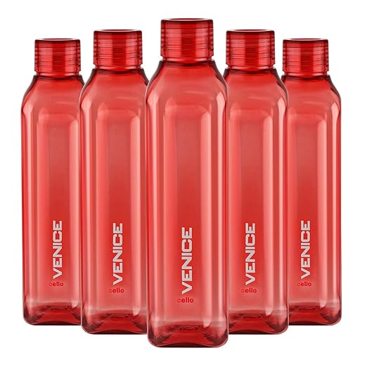 Cello Venice Exclusive Edition Plastic Water Bottle Set, 1 Litre, Set of 5, Red